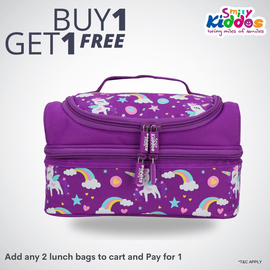 Smily Dual Slot Lunch Bag Unicorn Theme Purple