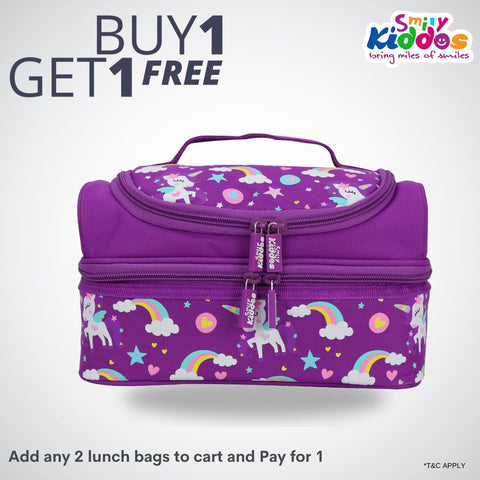 Image of Smily Dual Slot Lunch Bag Unicorn Theme Purple